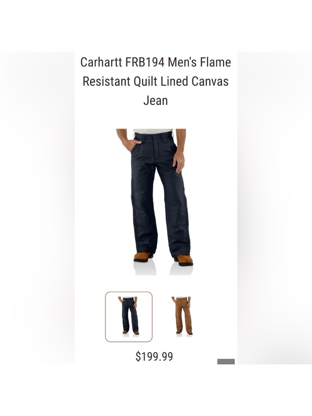 Carhartt FRB194 Men's Flame Resistant Quilt Lined Canvas Jean